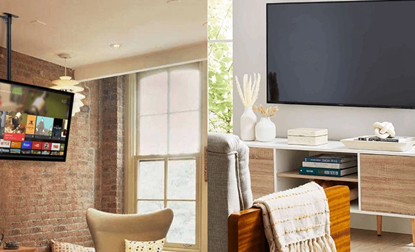 Contemporary living room with flat-screen TV mounted on brick wall, showcasing professional television mounting services in Palm Beach Gardens, FL.