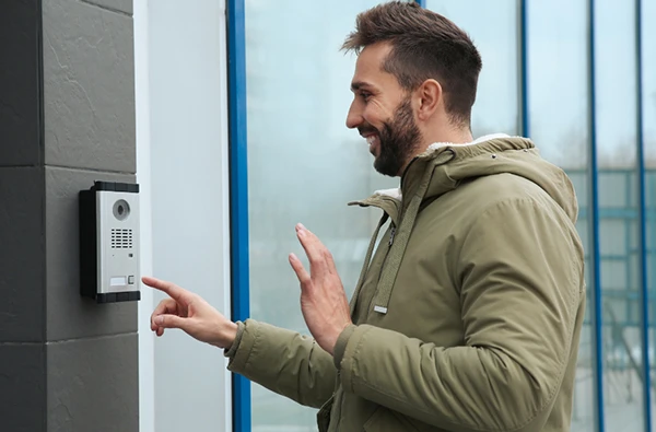 Man using video intercom system at building entrance, representing secure intercom system installation services in Palm Beach Gardens, FL.